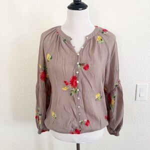 Fig and Flower Anthropologie Taupe Blouse with Vibrant Floral Embroidery